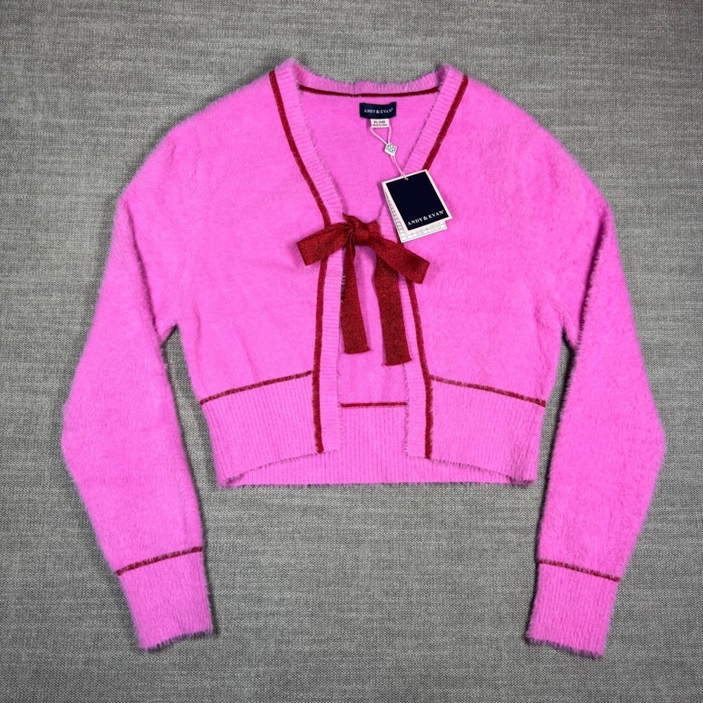Andy & Evan Girls Pink Eyelash Cardigan Soft Fuzzy Sweater Red Satin Bow XL (16)